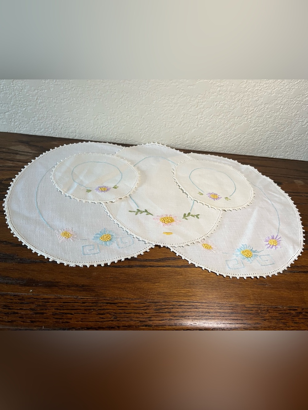 Vintage Embroidered Daisy Doilies Set of 5 Pastel Floral Hand Embroidery Round